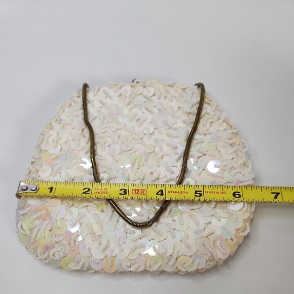 Vtg Handmade White Pearl Bead Sequin Clutch Evening Bag Gold Chain Clasp - Picture 11 of 16